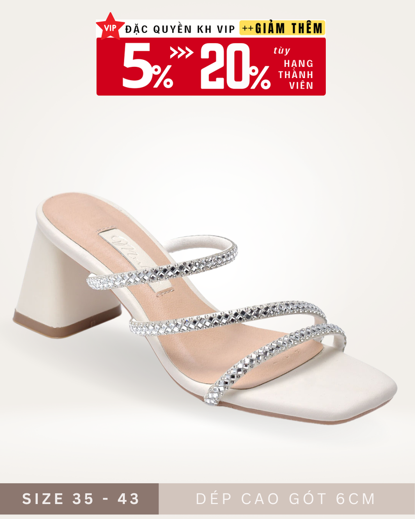 Dép Cao Gót 6cm Đế Vuông, Guốc Nữ Big Size 35-43, Dép Dây Mảnh Đính Đá Đi Tiệc, Guốc Cao Gót, Sandal Cao Gót Thương Hiệu Merly 1574 Trắng Kem