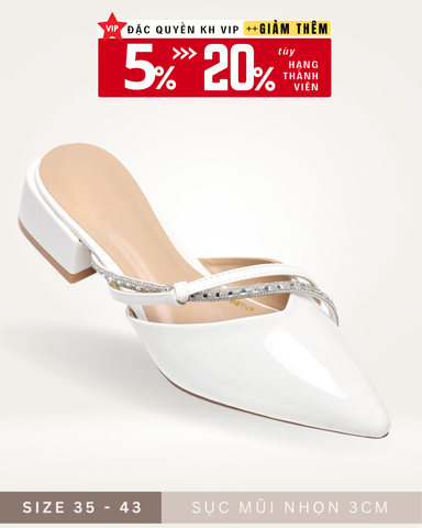 Dép Sục Mũi Nhọn Trắng Đế Vuông 3cm Big Size [35 - 43] Merly 1549 Trắng, Giày Dép Big Size, Giày Đi Tiệc, Giày Cưới Cô Dâu, Giày Dép Big Size Nữ, Cao Gót Đế Vuông 3cm