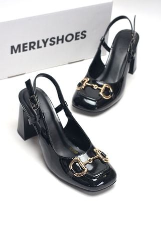 Giày Cao Gót Đen Bóng Merly 1585-7P Mũi Vuông Khóa GC Đế Vuông 7cm Big Size 35-43, Slingback, Giày Đi Tiệc, Giày Công Sở Nữ
