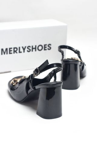 Giày Cao Gót Đen Bóng Merly 1585-7P Mũi Vuông Khóa GC Đế Vuông 7cm Big Size 35-43, Slingback, Giày Đi Tiệc, Giày Công Sở Nữ