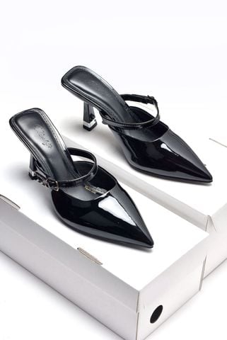 Giày Sục Cao Gót Quai Ngang Mũi Nhọn Hở Gót, Sục Cao Gót Đen Mũi Nhọn 7cm- Merly 1587 Đen Bóng, Giày Cao Gót Big Size, Giày Đi Tiệc, Giày Công Sở Nữ, Dép Cao Gót