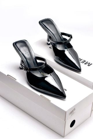 Giày Cao Gót Mũi Nhọn Nơ Tiểu Thư, Sục Cao Gót Đen 7cm Quai Ngang Nơ Tháo Rời - Merly 1587 Đen Bóng, Giày Cao Gót Big Size, Giày Đi Tiệc, Giày Công Sở Nữ, Dép Cao Gót