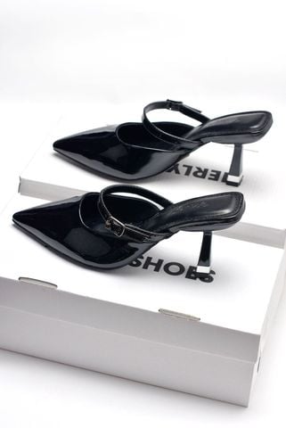 Giày Cao Gót Mũi Nhọn Nơ Tiểu Thư, Sục Cao Gót Đen 7cm Quai Ngang Nơ Tháo Rời - Merly 1587 Đen Bóng, Giày Cao Gót Big Size, Giày Đi Tiệc, Giày Công Sở Nữ, Dép Cao Gót