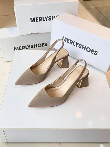 Giày Cao Gót Slingback Mũi Nhọn Đế Vuông 6-7cm, Giày Bít Mũi Có Quai Hậu Hở Gót 35-43, Giày Công Sở Nữ, Giày Cao Gót Big Size, Thương Hiệu Merly 1490 Kem Ghi Vân Sang Trọng