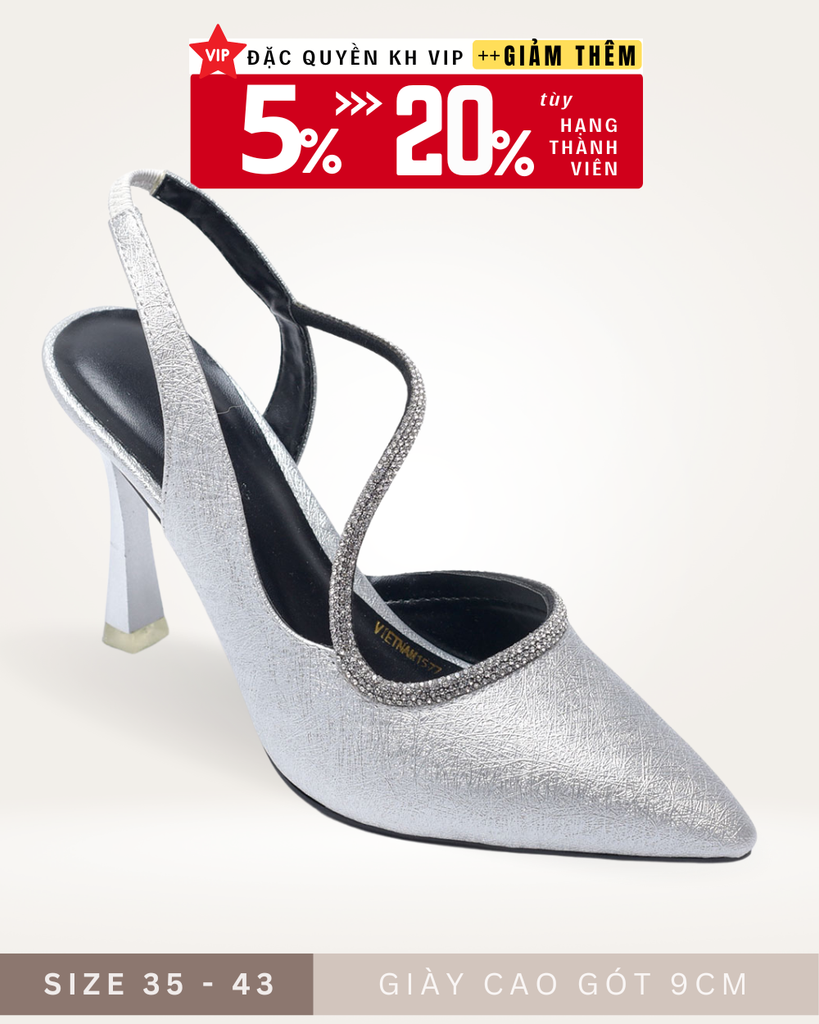 Giày Cao Gót Mũi Nhọn 9cm Nhũ Bạc Đính Đá Big Size 35-43 Thương Hiệu Merly 1577, Giày Slingback, Sandal Bít Mũi Hở Gót, Giày Đi Tiệc, Giày Cưới Cô Dâu, Giày Cao Gót Big Size