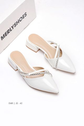 Dép Sục Mũi Nhọn Trắng Đế Vuông 3cm Big Size [35 - 43] Merly 1549 Trắng, Giày Dép Big Size, Giày Đi Tiệc, Giày Cưới Cô Dâu, Giày Dép Big Size Nữ, Cao Gót Đế Vuông 3cm