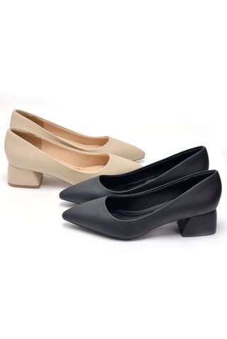 Giày Cao Gót 3cm Da Cao Cấp Microfiber Đế Vuông Mũi Nhọn Merly 1547 Kem Nude, Giày Nữ Công Sở, Giày Cao Gót Big Size