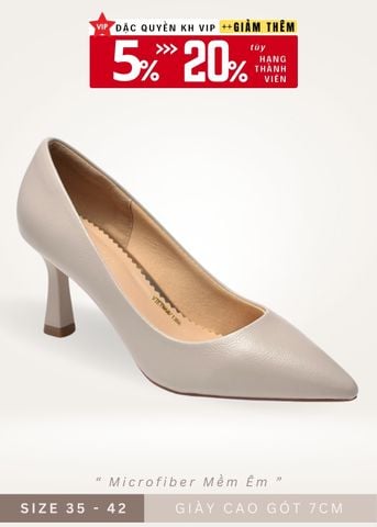 Giày Cao Gót 7cm Mũi Nhọn Màu Ghi, Giày Cao Gót Big Size 35-43, Giày Cao Gót Đế Nhọn, Giày Công Sở Nữ, Giày Bít Mũi, Giày Da Nữ Cao Cấp Microfiber Thương Hiệu Merly 1386 Kem Ghi