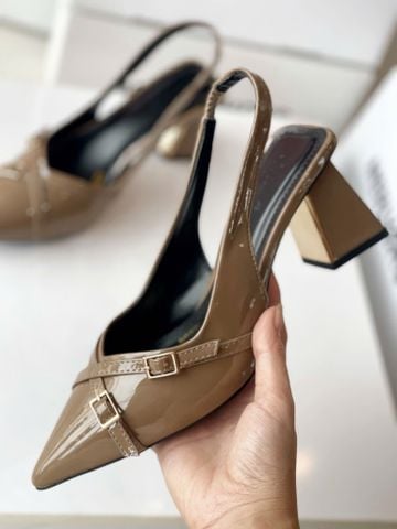 Giày Cao Gót Đế Vuông 6cm Merly 1608 Nâu Cà Phê Bóng Mũi Nhọn Hở Gót Hai Dây Khóa, Giày Cao Gót Slingback Bigsize tới 42 43, Giày Công Sở Nữ, Giày Màu Be