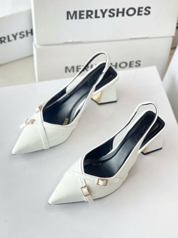 Giày Cao Gót Đế Vuông Trắng Mũi Nhọn Cao 6-7cm Merly 1608 Bít Mũi Hở Gót Hai Dây Khóa Tạo Điểm Nhấn, Giày Cao Gót Slingback Bigsize tới 42 43, Giày Công Sở Nữ, Giày Đi Tiệc