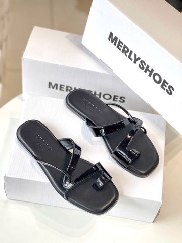 Dép Xỏ Ngón Da Cao Cấp Mũi Vuông Dây Mảnh Màu Đen Merly 1631, Dép Lê Nữ, Dép Nữ Big Size 35-43