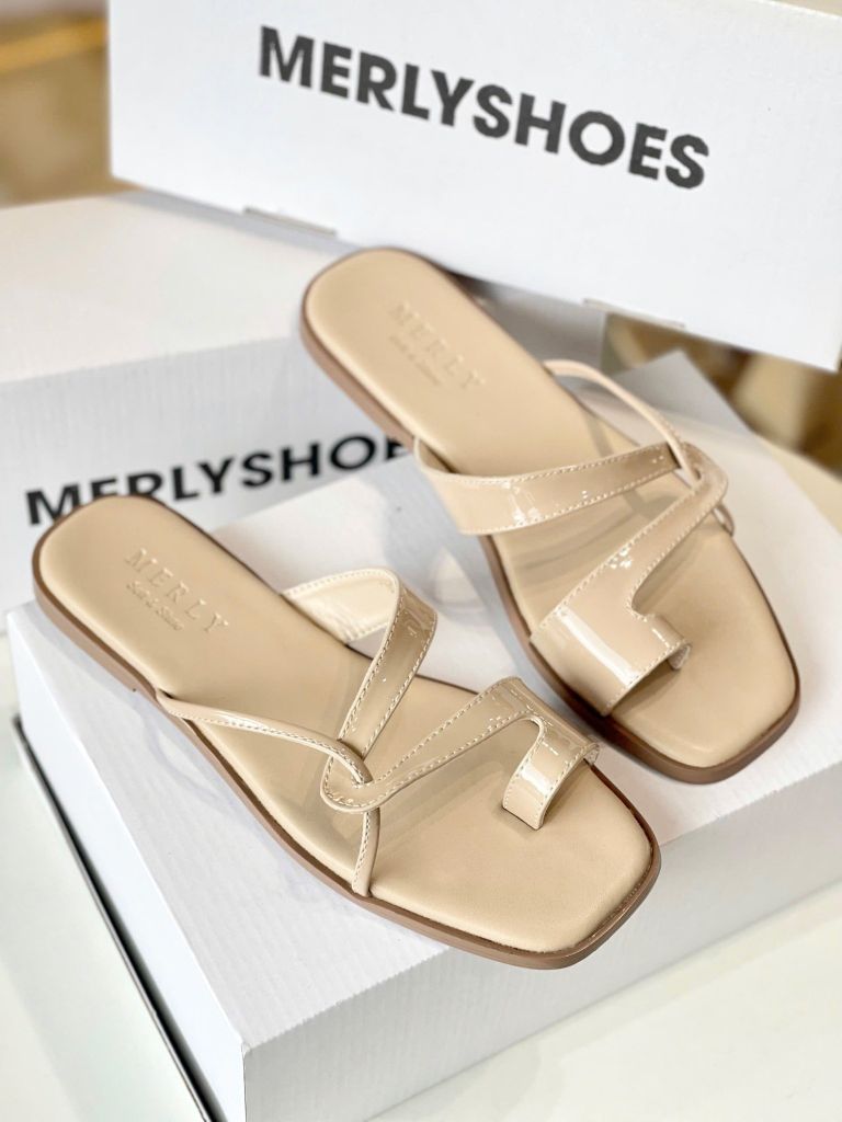Dép Xỏ Ngón Da Cao Cấp Mũi Vuông Dây Mảnh Màu Kem Merly 1631 Nude, Dép Lê Nữ, Dép Nữ Big Size 35-43