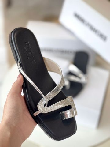 Dép Xỏ Ngón Da Cao Cấp Mũi Vuông Dây Mảnh Merly 1631 Bạc x Đen, Dép Lê Nữ, Dép Nữ Big Size 35-43