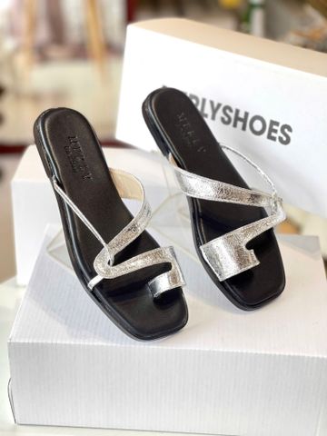 Dép Xỏ Ngón Da Cao Cấp Mũi Vuông Dây Mảnh Merly 1631 Bạc x Đen, Dép Lê Nữ, Dép Nữ Big Size 35-43