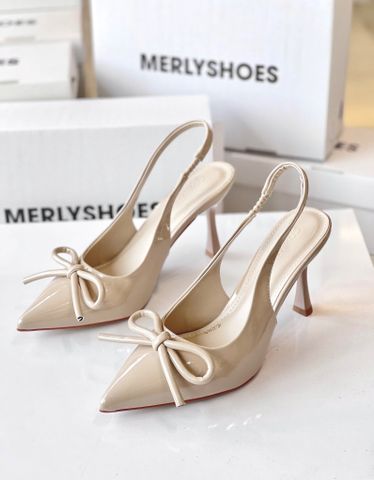 Giày Cao Gót Nơ Slingback Mũi Nhọn Merly 1634 Kem Nude Bóng Gót Nhọn 9cm, Giày Đi Tiệc, Giày Công Sở Nữ