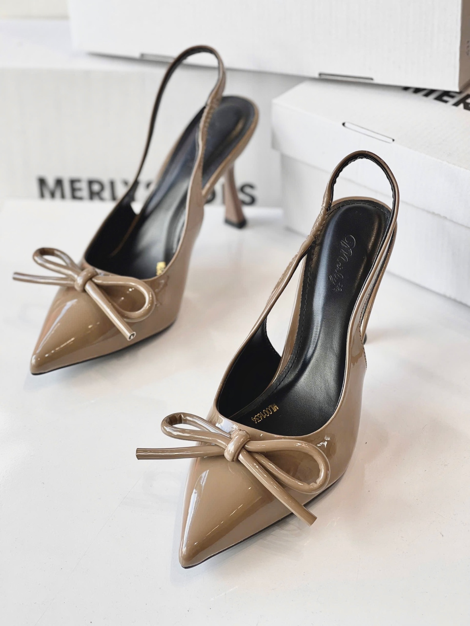 Giày Cao Gót Nơ Slingback Mũi Nhọn Merly 1634 Nâu Cafe Bóng Gót Nhọn 9cm, Giày Đi Tiệc, Giày Công Sở Nữ
