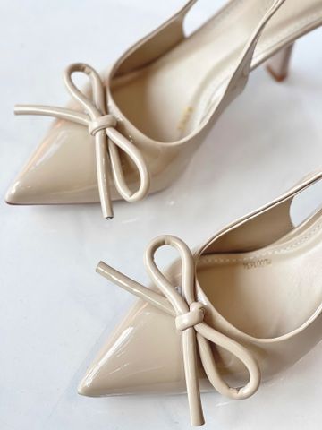 Giày Cao Gót Nơ Slingback Mũi Nhọn Merly 1634 Kem Nude Bóng Gót Nhọn 9cm, Giày Đi Tiệc, Giày Công Sở Nữ