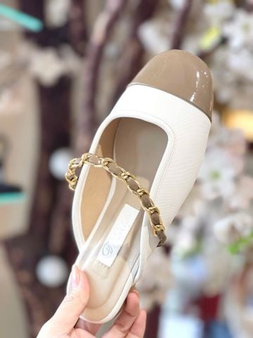 Giày Sục Nữ Quai Ngang Xích Mũi Tròn Merly 1589 Kem x Nâu Cà Phê, Dép Sục Bigsize 35-43, Dép Lê Nữ, Dép Bít Mũi