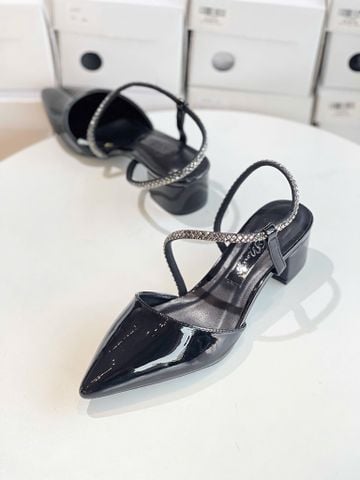 Giày Cao Gót 3cm Mũi Nhọn Dây Đính Đá Đế Vuông Merly 1047 Đen Bóng, Giày Công Sở Nữ, Giày Cao Gót Big Size, Slingback, Sandal Bít Mũi Nữ