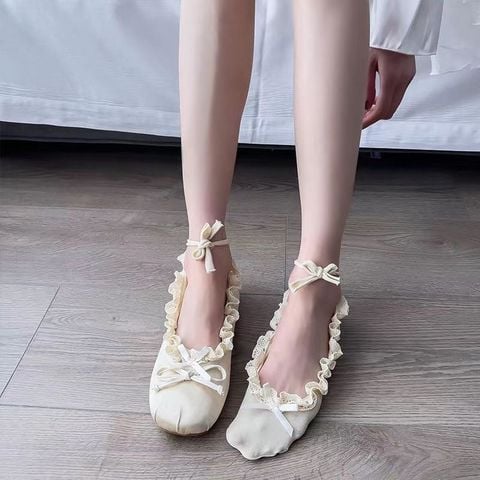 Tất Vớ Cổ Thấp Mang Giày Búp Bê Nhún Bèo Viền Ren Tiểu Thư Dây Buộc Cổ Chân Phong Cách Lolita Nữ Tính Phù Hợp Mọi Cỡ Chân Merly, Vớ Mang Giày Mary Jane, Vớ Mang Giày Búp bê