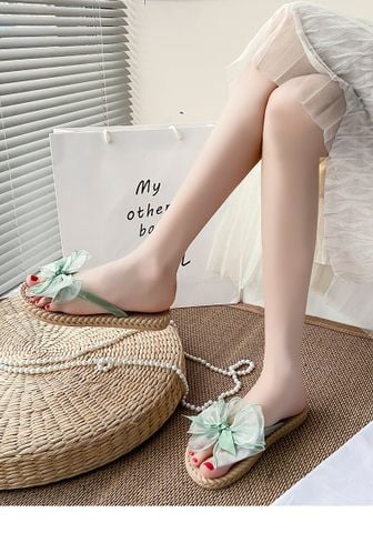 Dép Đi Biển Xỏ Ngón Nơ Voan Bản Lớn, Dép Nhựa Giả Cói Size 36-41 1614N Be/Xanh/Đen, Dép Mặc Váy Maxi, Dép Nhựa Đi Biển, Dép Kẹp Nữ