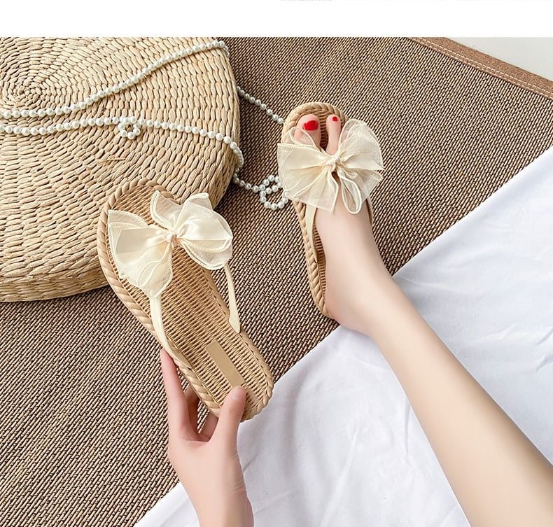 Dép Đi Biển Xỏ Ngón Nơ Voan Bản Lớn, Dép Nhựa Giả Cói Size 36-41 1614N Be/Xanh/Đen, Dép Mặc Váy Maxi, Dép Nhựa Đi Biển, Dép Kẹp Nữ
