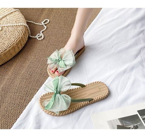 Dép Đi Biển Xỏ Ngón Nơ Voan Bản Lớn, Dép Nhựa Giả Cói Size 36-41 1614N Be/Xanh/Đen, Dép Mặc Váy Maxi, Dép Nhựa Đi Biển, Dép Kẹp Nữ