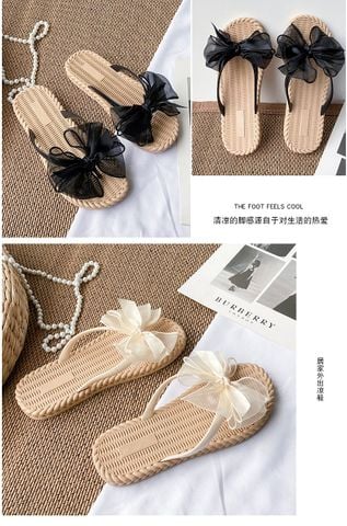 Dép Đi Biển Xỏ Ngón Nơ Voan Bản Lớn, Dép Nhựa Giả Cói Size 36-41 1614N Be/Xanh/Đen, Dép Mặc Váy Maxi, Dép Nhựa Đi Biển, Dép Kẹp Nữ