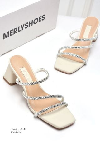 Dép Cao Gót 6cm Đế Vuông, Guốc Nữ Big Size 35-43, Dép Dây Mảnh Đính Đá Đi Tiệc, Guốc Cao Gót, Sandal Cao Gót Thương Hiệu Merly 1574 Trắng Kem