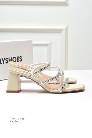 Dép Cao Gót 6cm Đế Vuông, Guốc Nữ Big Size 35-43, Dép Dây Mảnh Đính Đá Đi Tiệc, Guốc Cao Gót, Sandal Cao Gót Thương Hiệu Merly 1574 Trắng Kem