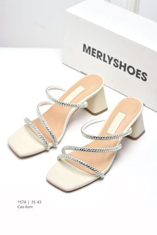 Dép Cao Gót 6cm Đế Vuông, Guốc Nữ Big Size 35-43, Dép Dây Mảnh Đính Đá Đi Tiệc, Guốc Cao Gót, Sandal Cao Gót Thương Hiệu Merly 1574 Trắng Kem