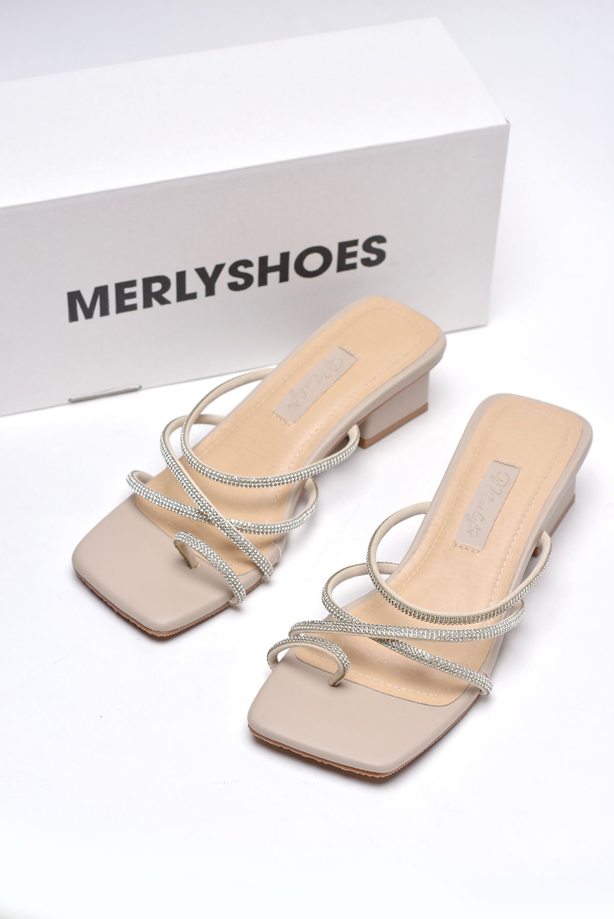 Guốc Cao Gót Đế Vuông 3cm Dây Mảnh Đính Đá  [ 35 - 43 ] Merly 1557 Kem Nâu Nude, Dép Da Cao Cấp, Dép Xỏ Ngón, Dép Sandal Nữ, Dép Big Size Nữ