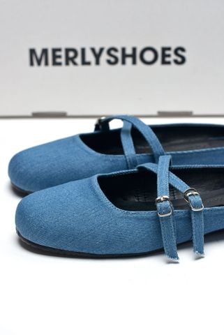 Giày Búp Bê Nữ Vải Jean Xanh Vintage, Giày Sục Nữ Bệt Mũi Vuông Quai Ngang Merly 1593 Jean, Giày Đi Chơi, Dép Sục Nữ, Dép Nữ Bệt, Giày Tiểu Thư Lolita, Giày Bệt Nữ Big Size
