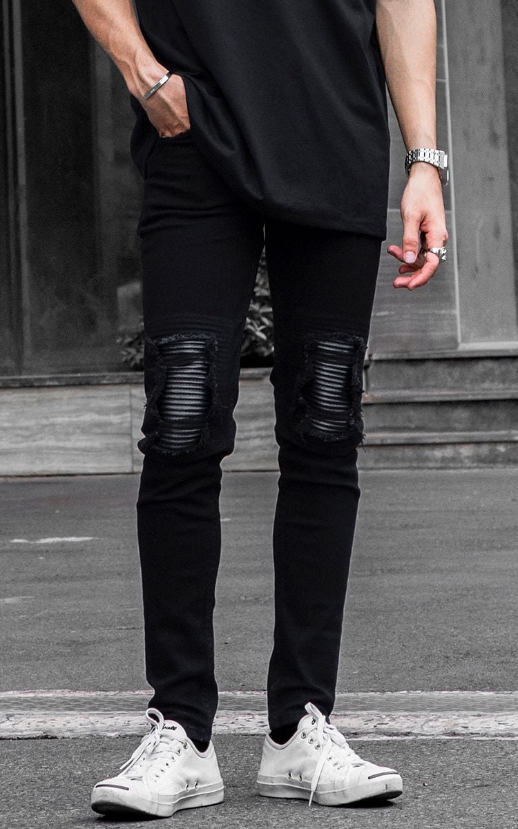 Skinny Biker Jeans With Knee Rips In Black