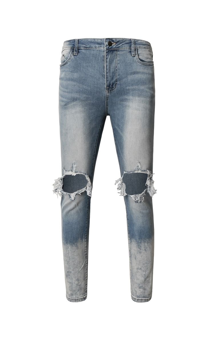 Skinny Jeans With Rips In Mid Wash Blue With Paint Destroy