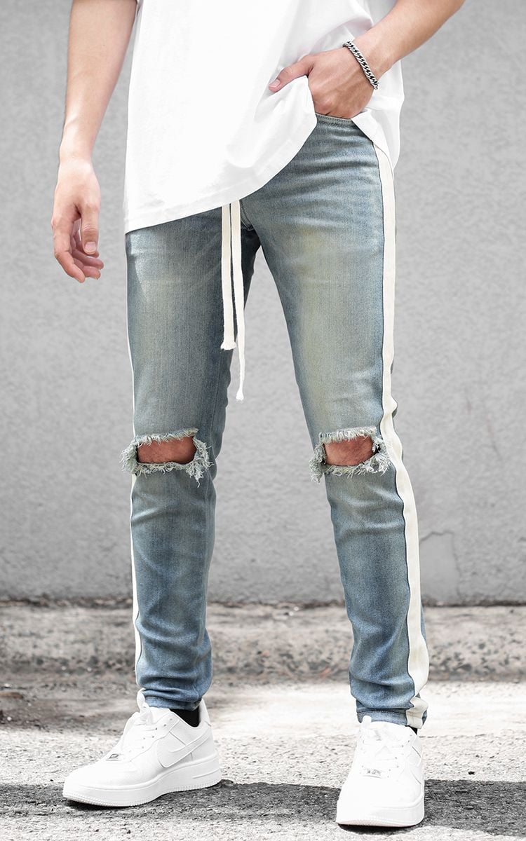 Knee Rips Skinny Jeans With Side Stripe In Blue