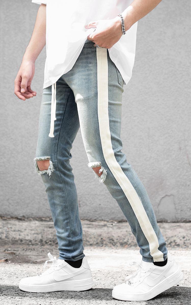 Mens skinny jeans with stripe deals down the side