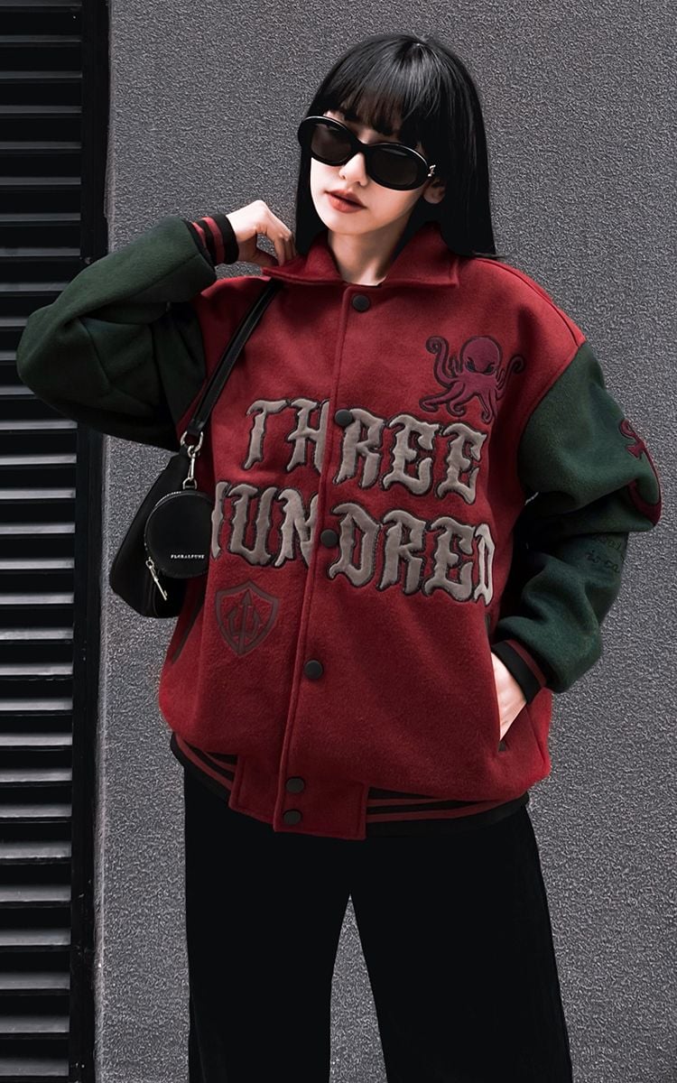 Seamonster Kraken Varsity Jacket In Brown Green