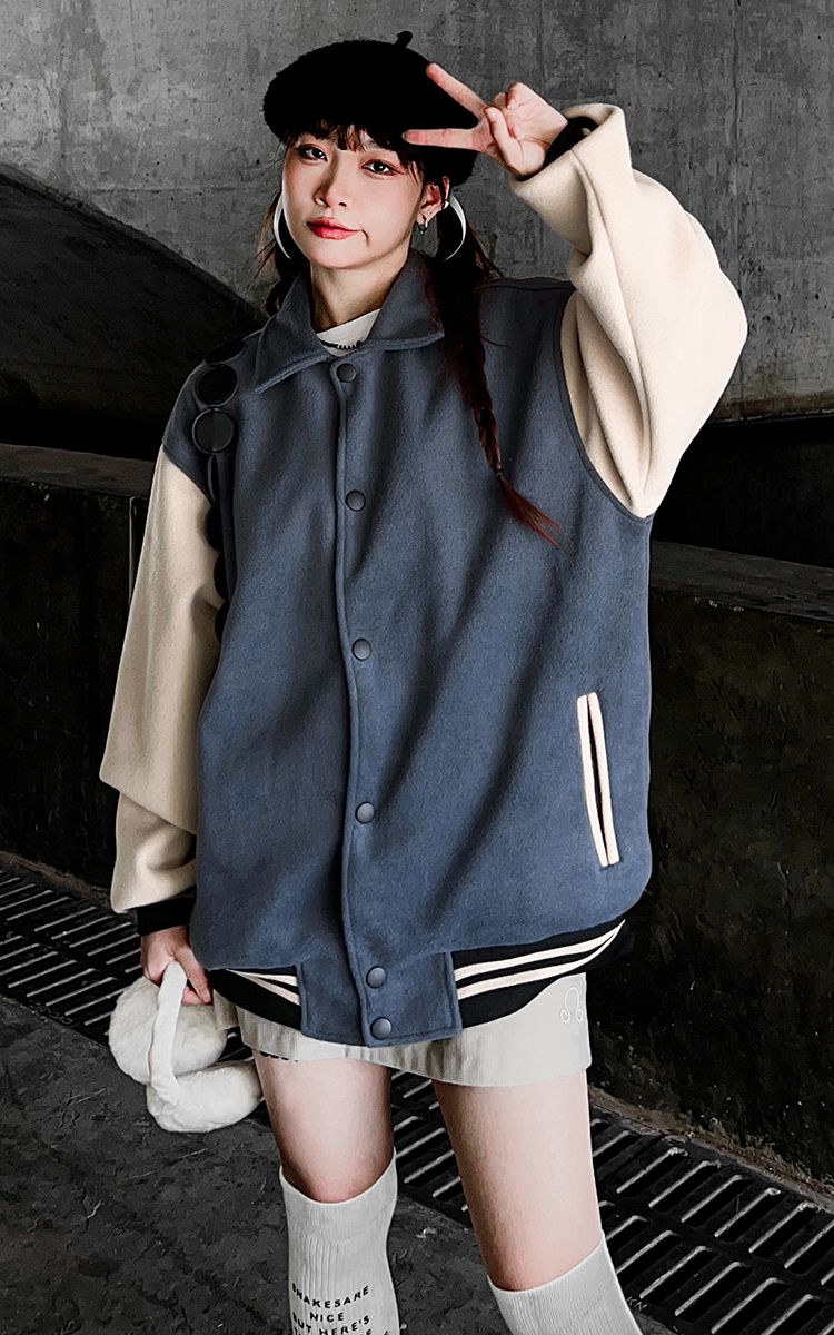 Varsity Jacket In Blue Cream Three Hundred