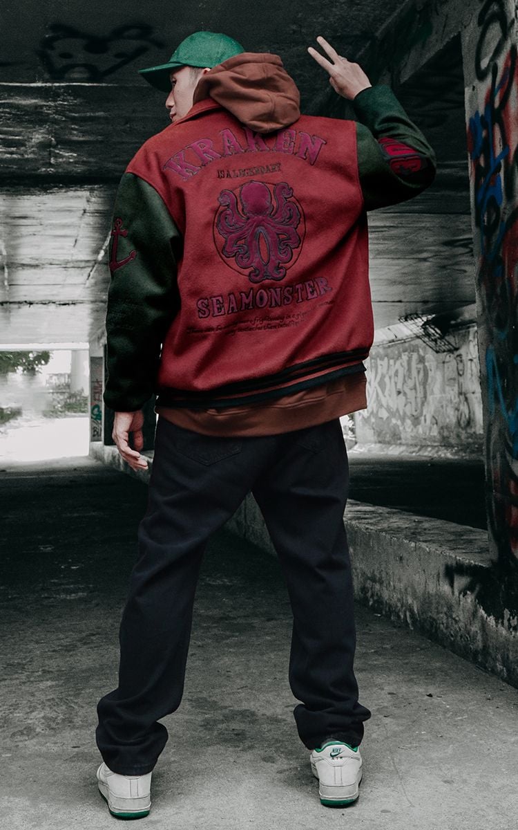 Seamonster Kraken Varsity Jacket In Brown Green