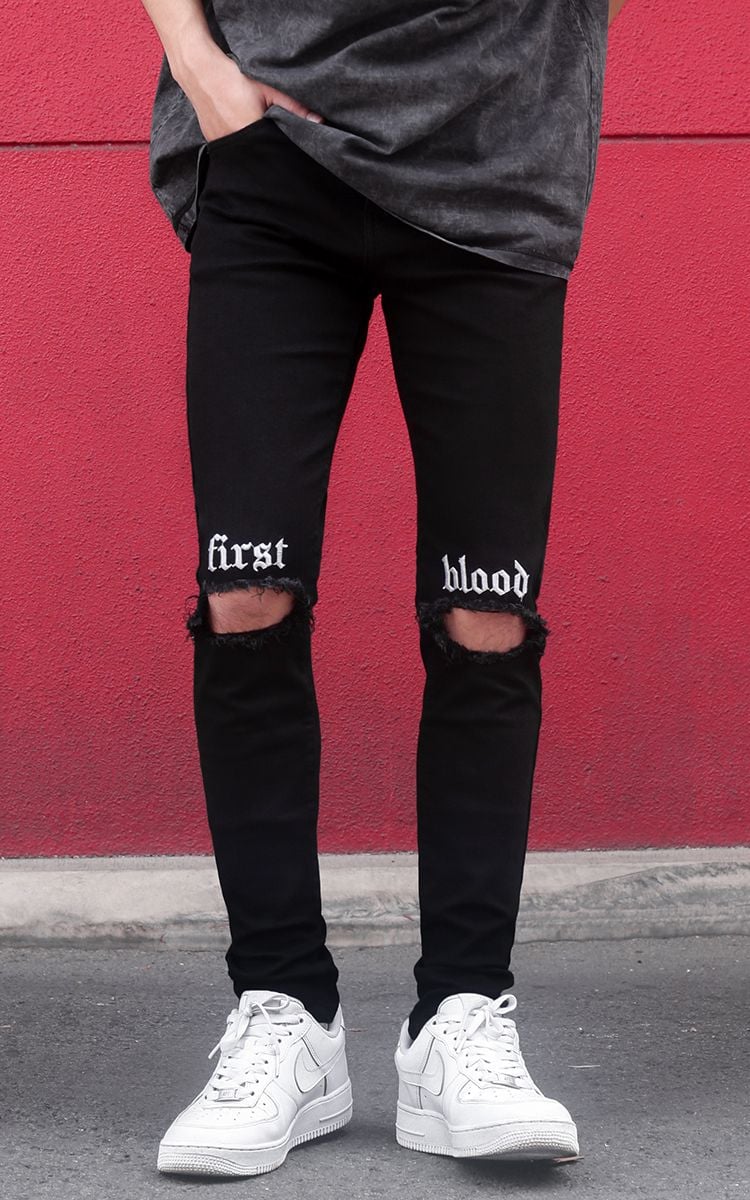 First Blood Embroidered Skinny Jeans With Knee Rips In Black