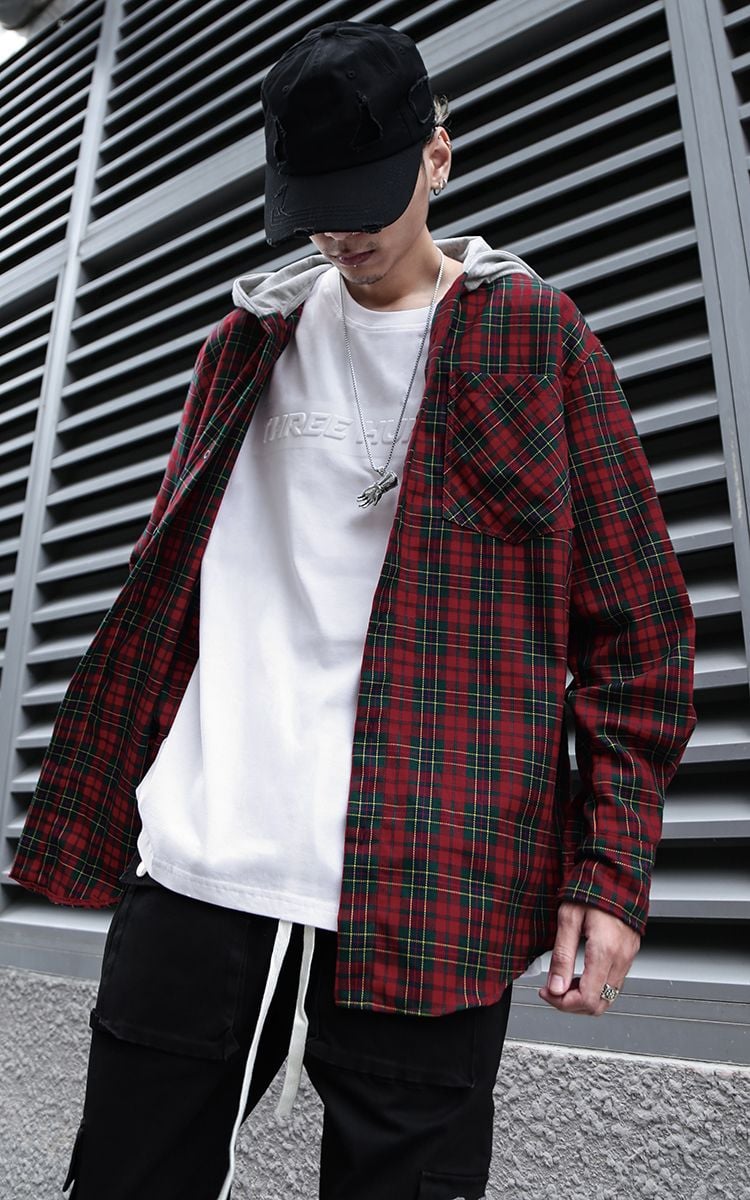 Hooded Flannel Shirt Jacket In Red Green