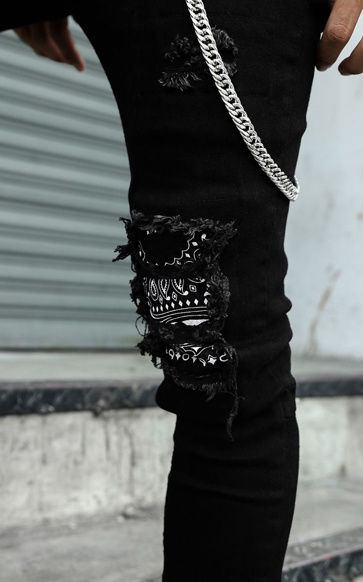 Bandana Zip Ripped Knee Skinny Jeans In Black Three Hundred