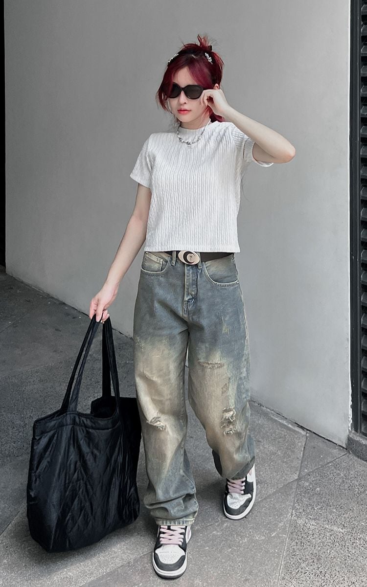 Ripped Baggy Jeans In Vintage Washed Blue