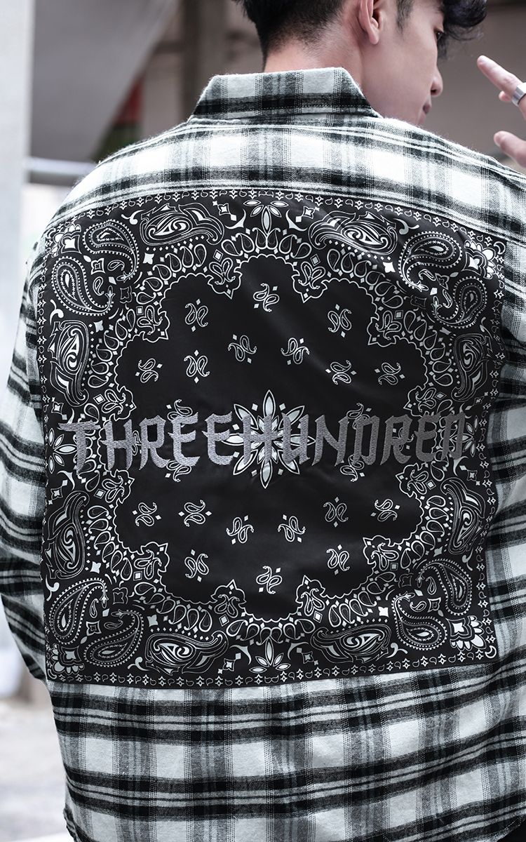 Three Hundred Embroidered Bandana Flannel Shirt In Black White