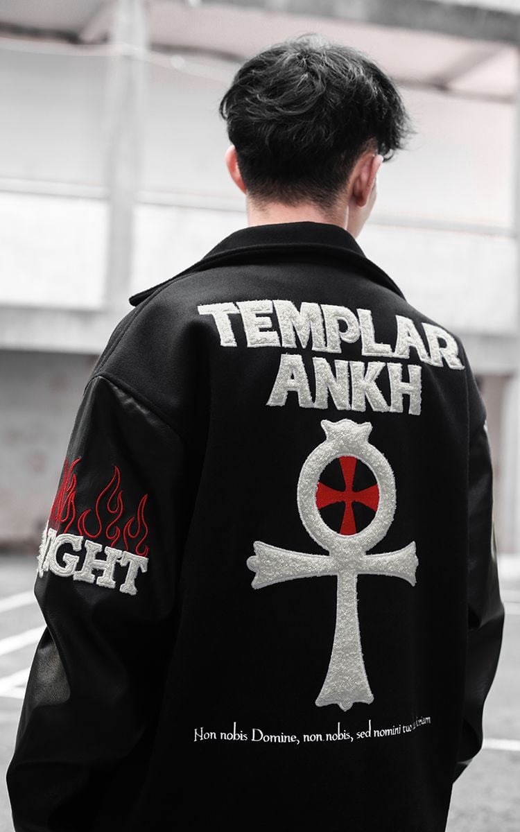 Templar Ankh Leather Collar Varsity Jacket In Black