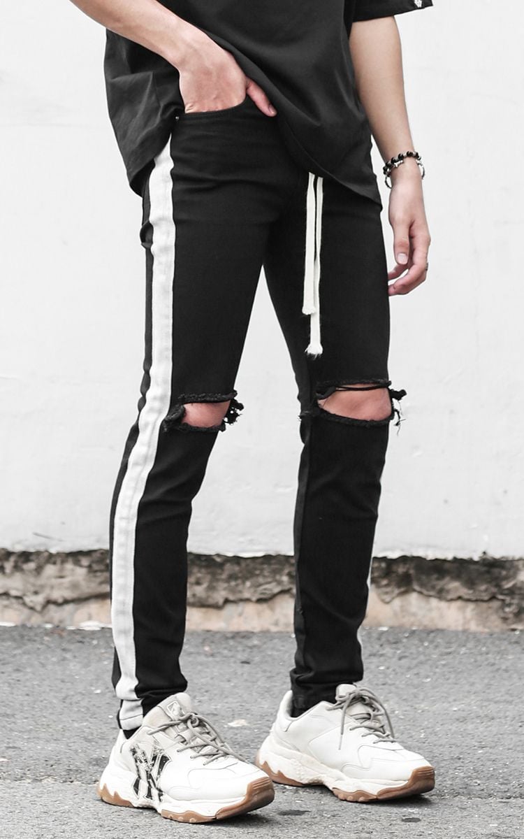 Knee Rips Skinny Jeans With Side Stripe In Black