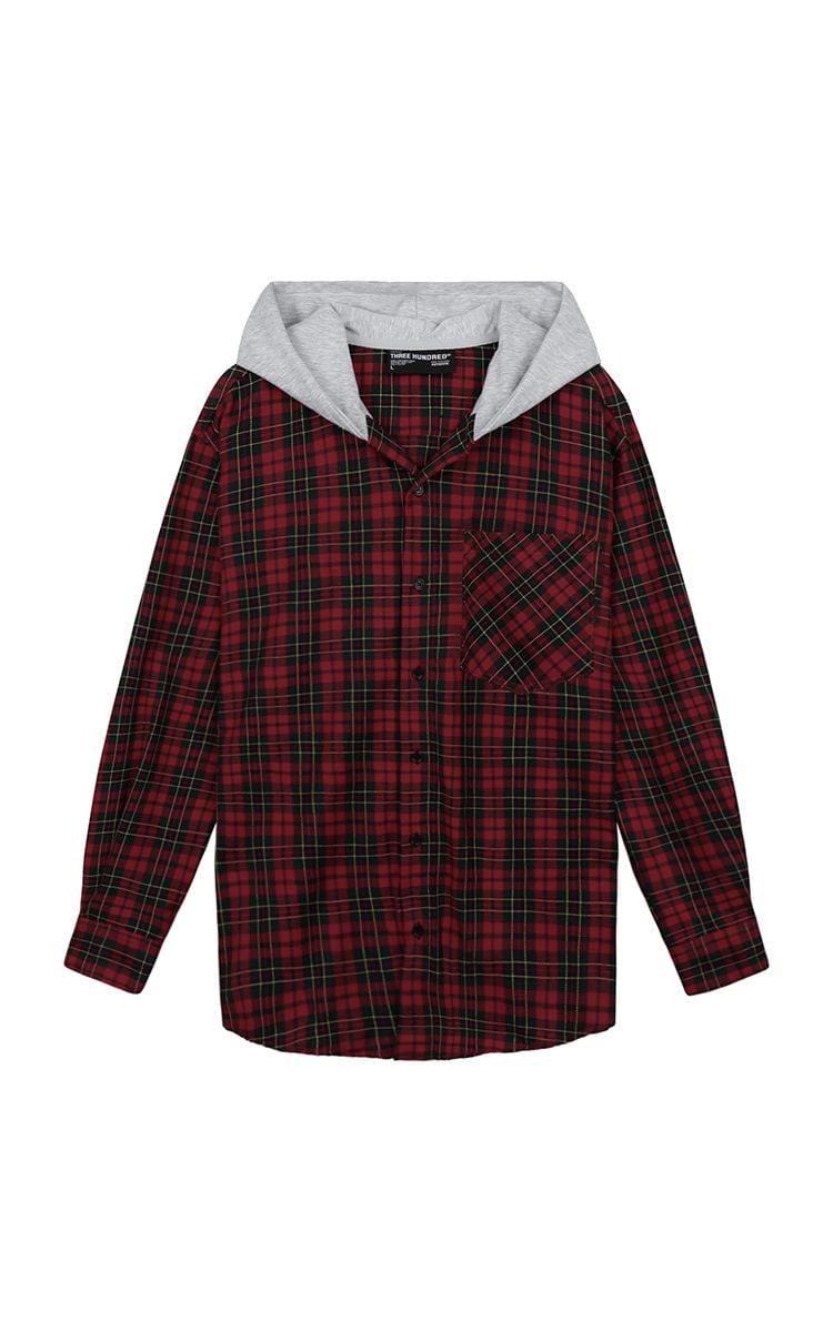 Hooded Flannel Shirt Jacket In Red Green