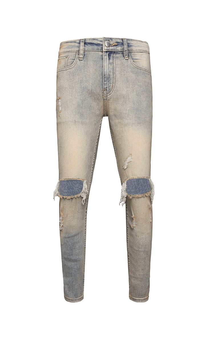 Skinny Jeans With Knee Rips In Vintage Dirty Wash Blue