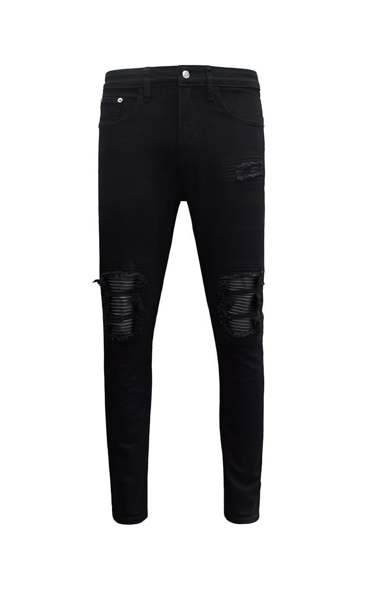 Skinny Biker Jeans With Knee Rips In Black